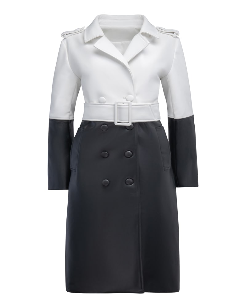 Front of a size 4X The Margo Two Tone Trench Coat in Black by Hilary MacMillan. | dia_product_style_image_id:330522